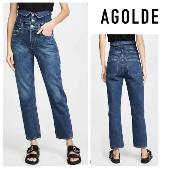 Agolde Vanna Corset Jeans High Waist Belted Foldover Cotton Denim in Blue - Picture 1 of 12